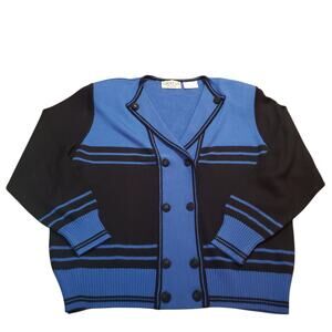 VTG Grazia Italy 80s Knit Cardigan XL Cobalt Black Striped Double Breasted